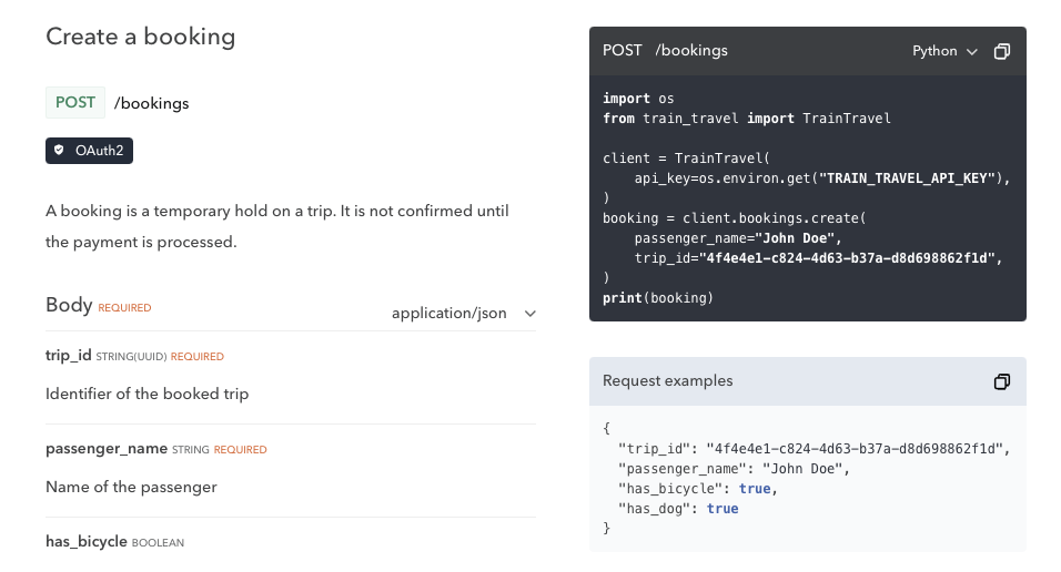 Python code example rendered by Bump.sh API docs